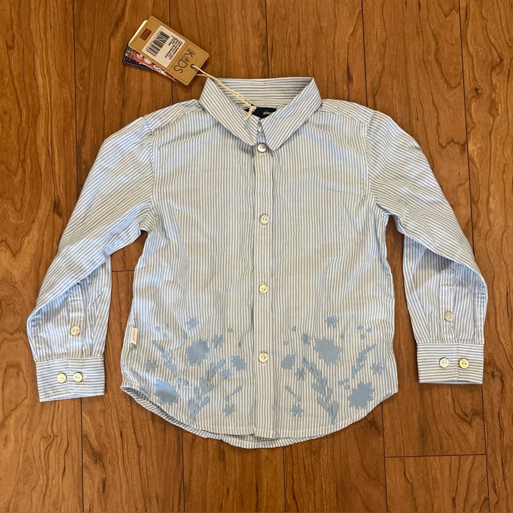 NWT Girls SZ 4 Hush Puppies 100% Cotton Long Sleeve Blue White Button Down